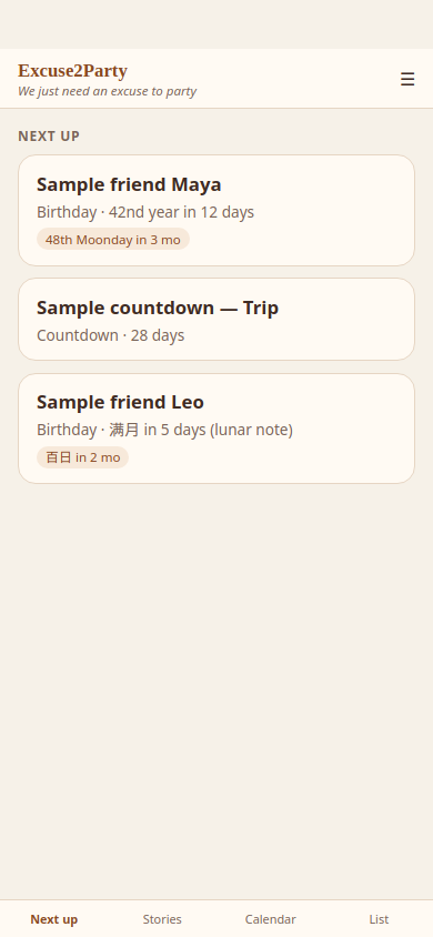 Phone screenshot: Excuse2Party home list with upcoming birthdays and countdowns